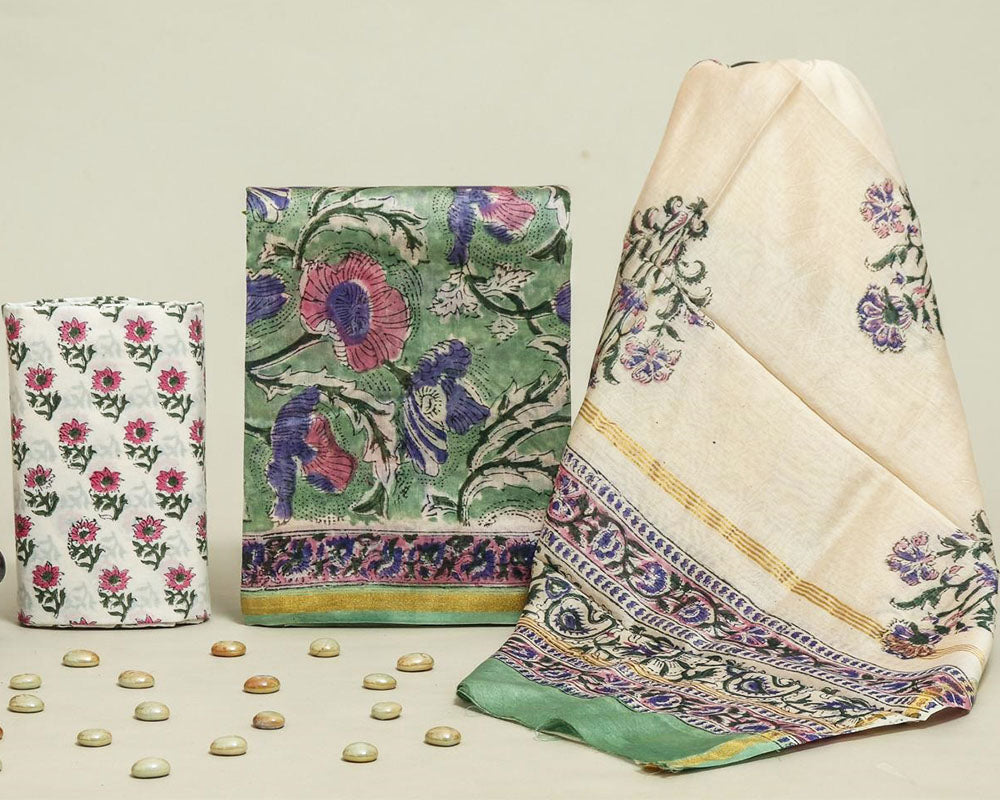 Exclusive Hand Block Print Chanderi Silk Suit Set ( CN92504)
