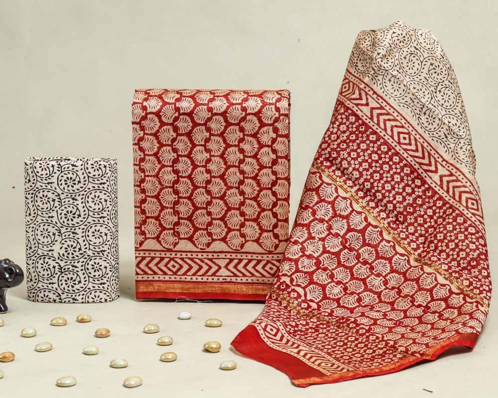 Exclusive Hand Block Print Chanderi Silk Suit Set ( CN25404)