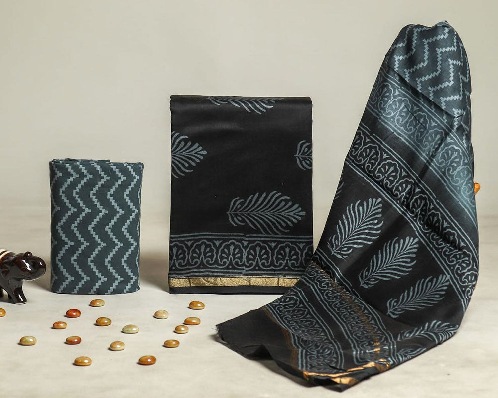 Exclusive Hand Block Print Chanderi Silk Suit Set ( CN1005)