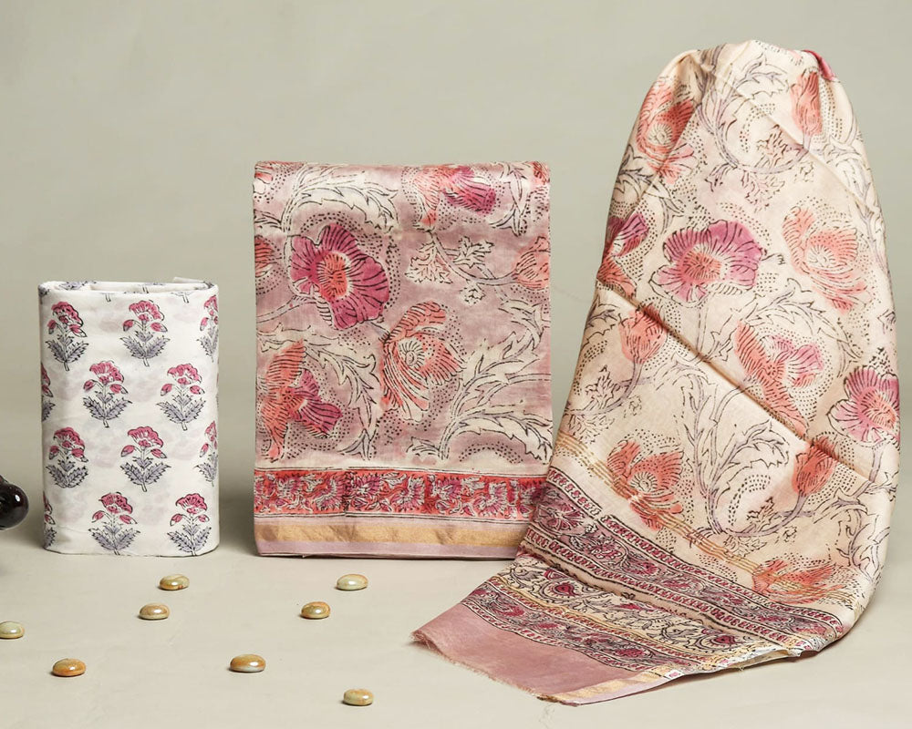 Exclusive Hand Block Print Chanderi Silk Suit Set ( CN6105)