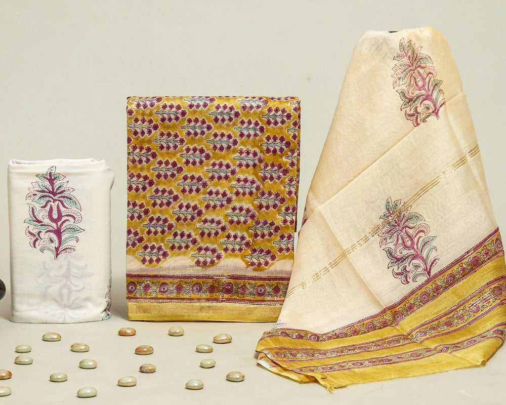 Exclusive Hand Block Print Chanderi Silk Suit Set ( CN92505)