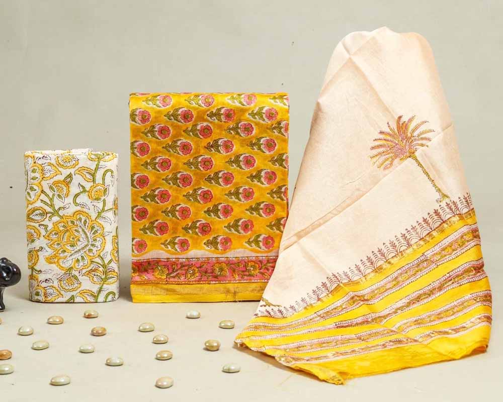 Exclusive Hand Block Print Chanderi Silk Suit Set ( CN25406)