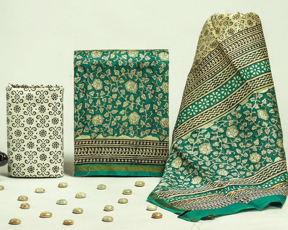 Exclusive Hand Block Print Chanderi Silk Suit Set ( CN1006))