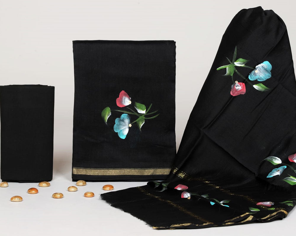 Exclusive Hand Block Print Chanderi Silk Suit Set ( BTSJ 830 )