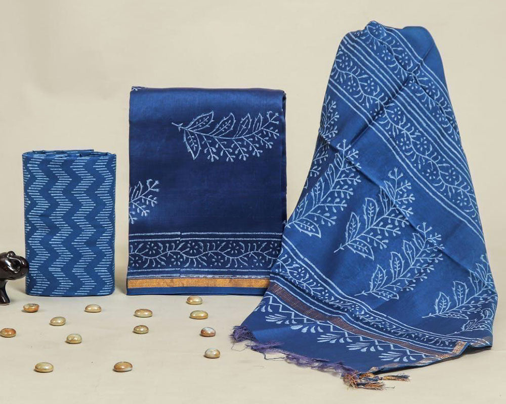 Exclusive Hand Block Print Chanderi Silk Suit Set ( CN13307)