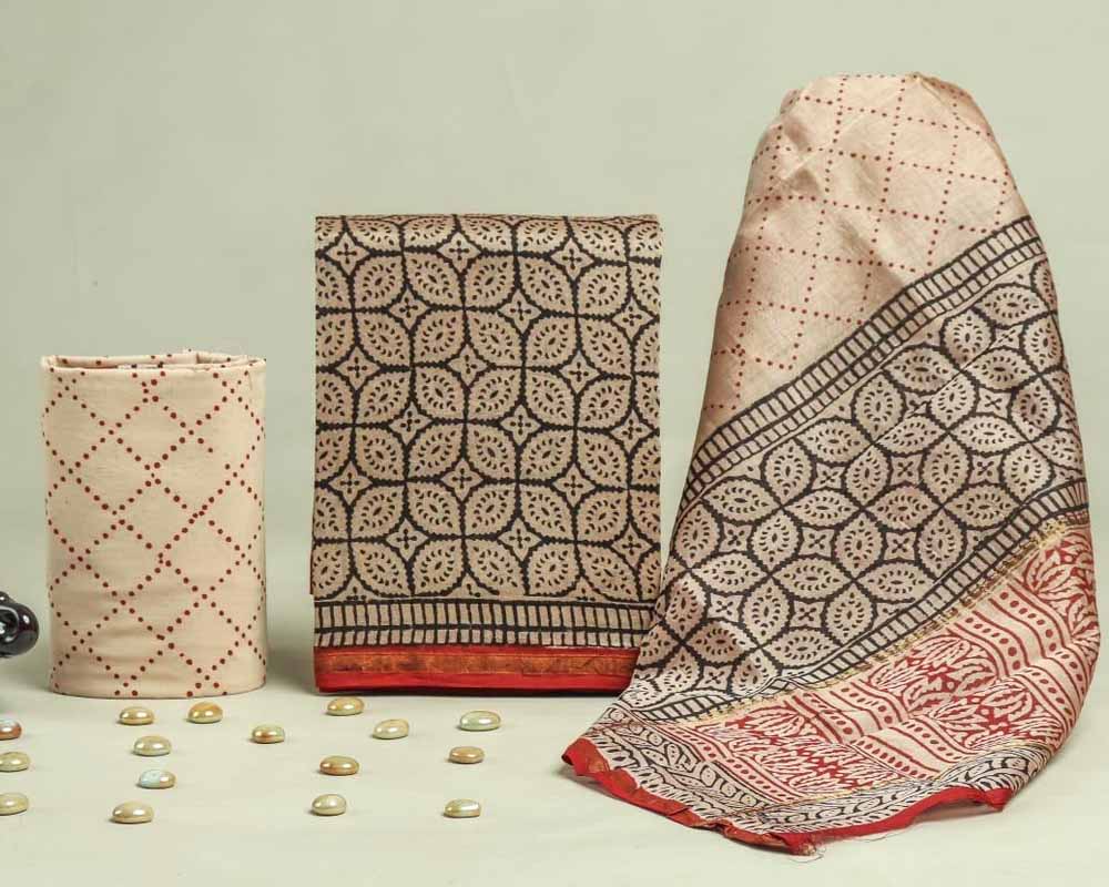 Exclusive Hand Block Print Chanderi Silk Suit Set ( CN25408)