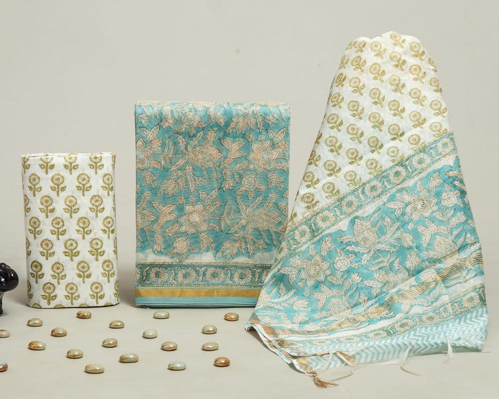 Exclusive Hand Block Print Chanderi Silk Suit Set ( CN5408)