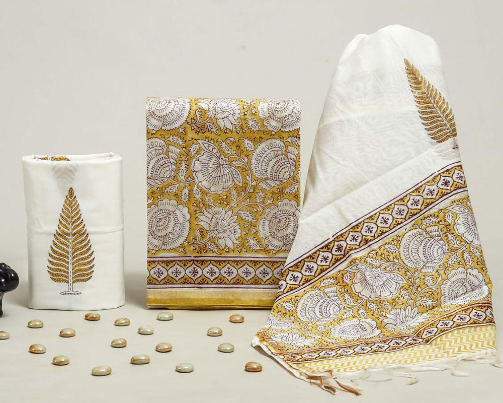 Exclusive Hand Block Print Chanderi Silk Suit Set ( CN5409)