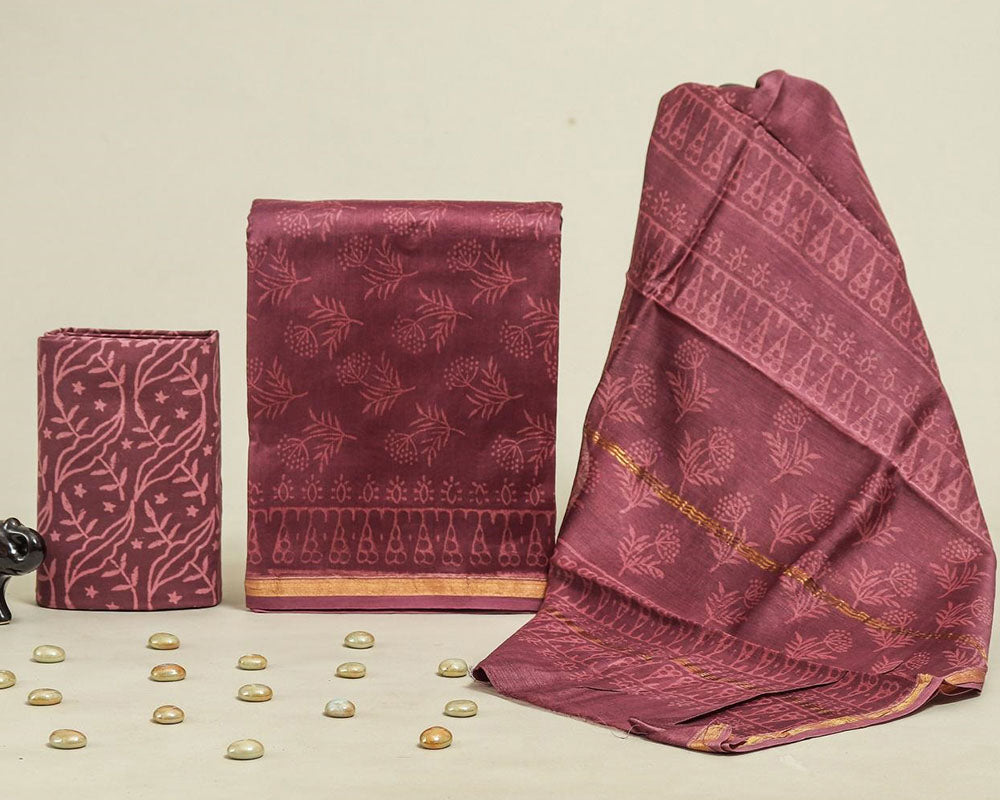 Exclusive Hand Block Print Chanderi Silk Suit Set ( CN15701)