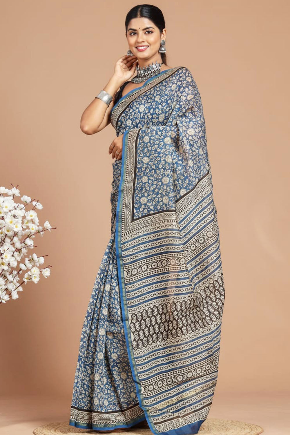 Chanderi Silk Bagru Print Saree with Zari Border ( CS140730)