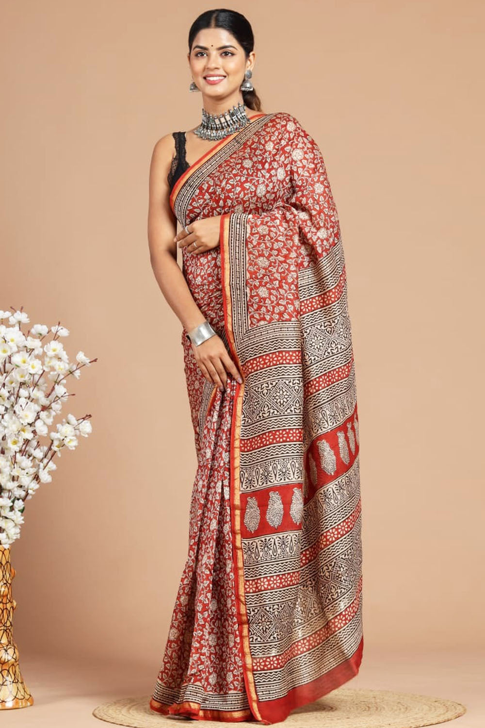 Chanderi Silk Bagru Print Saree with Zari Border ( CS140731)