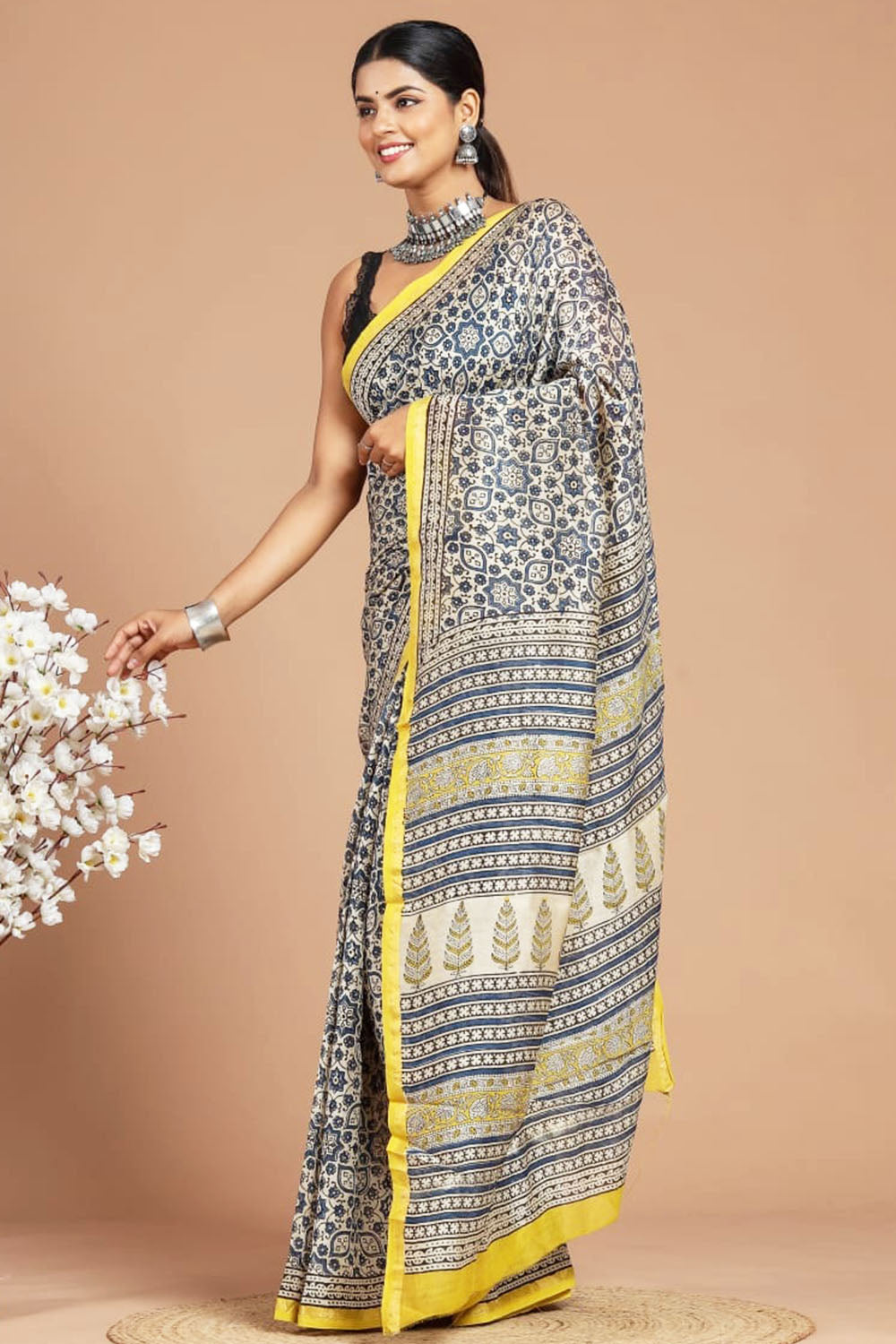 Chanderi Silk Bagru Print Saree with Zari Border ( CS140732)
