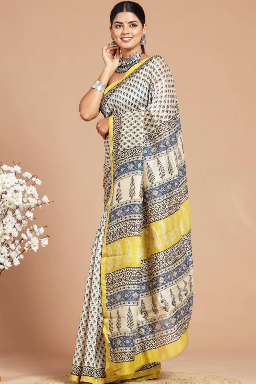 Chanderi Silk Bagru Print Saree with Zari Border ( CS140723)