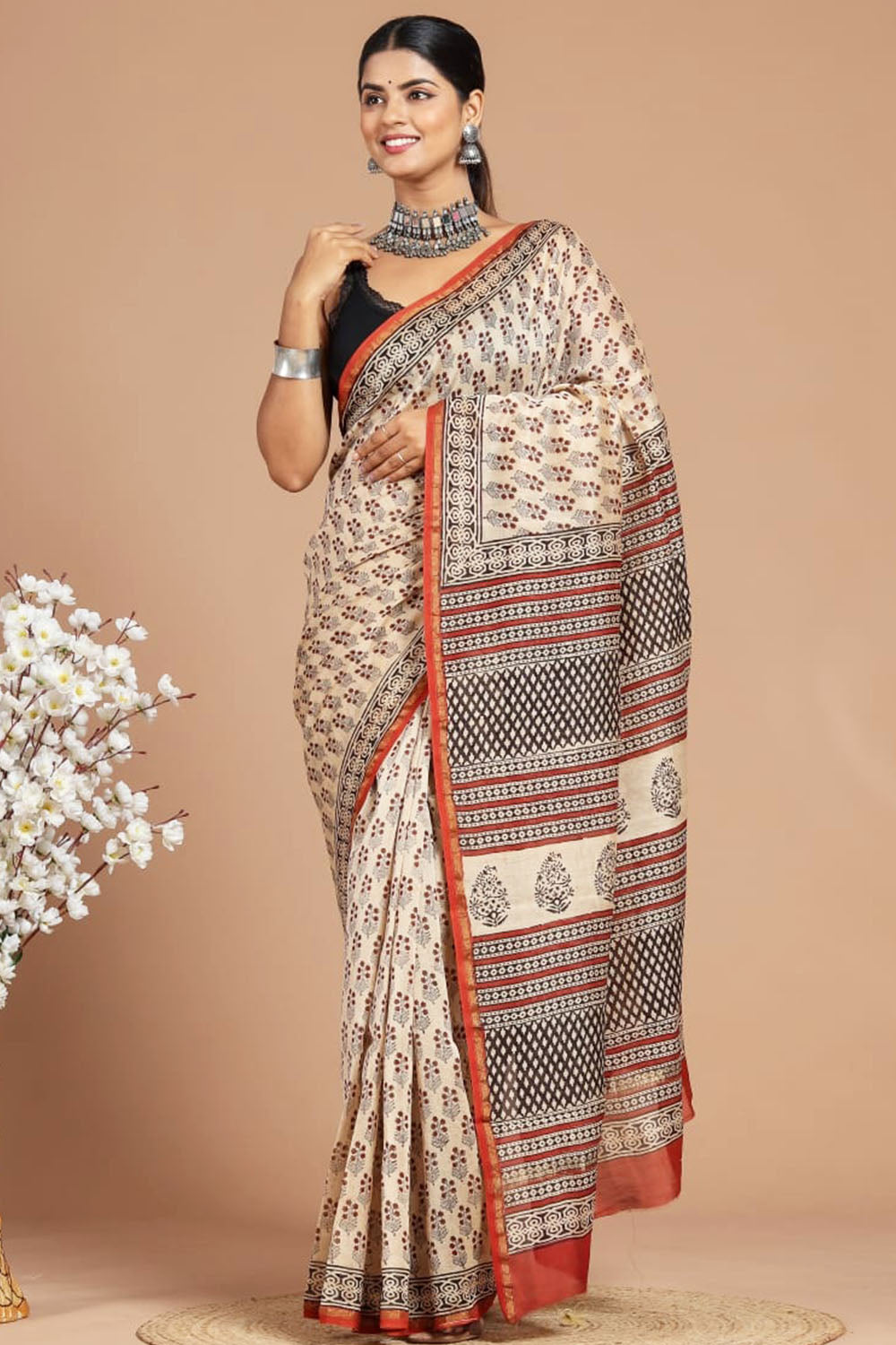 Chanderi Silk Bagru Print Saree with Zari Border ( CS140725)