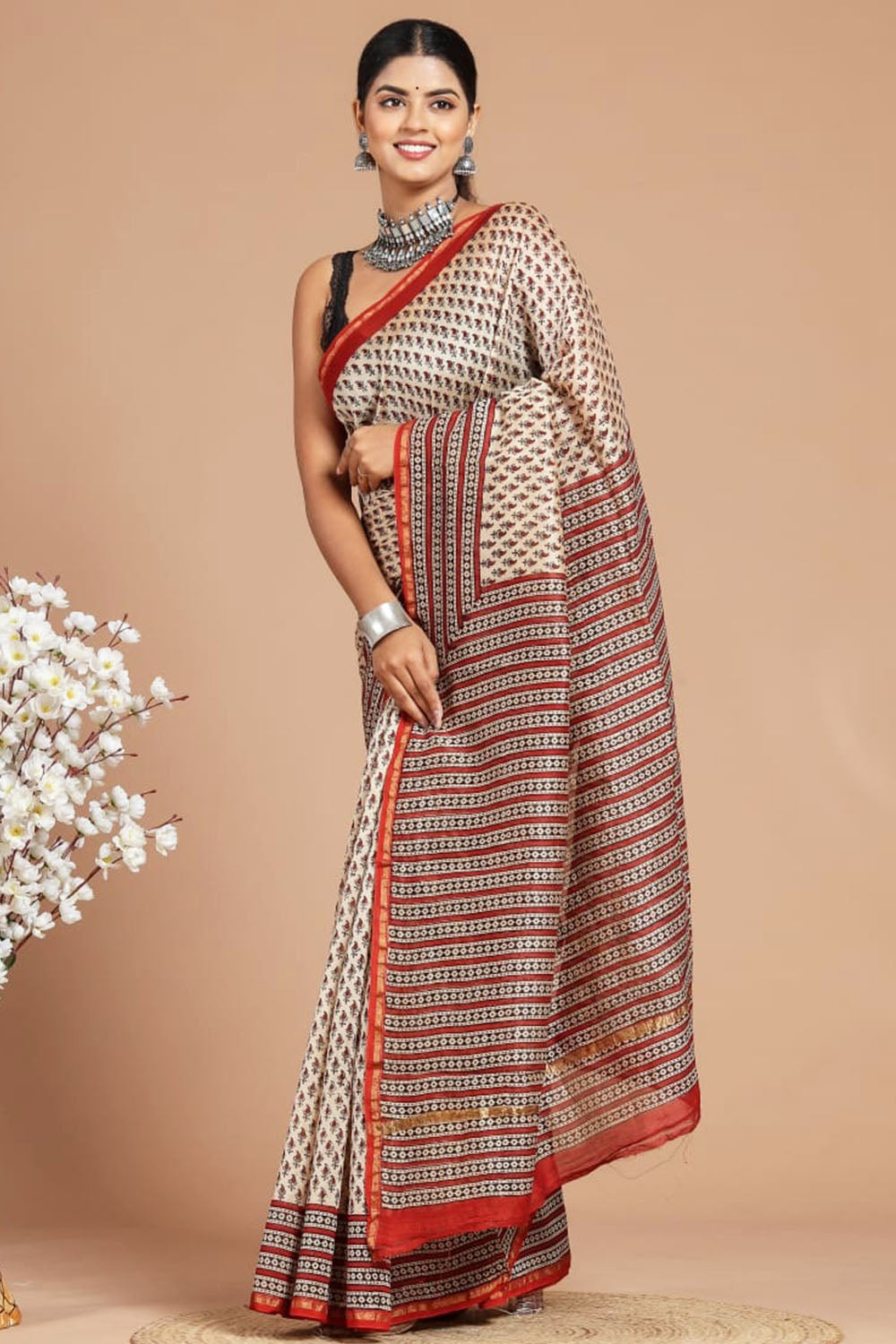 Chanderi Silk Bagru Print Saree with Zari Border ( CS140726)