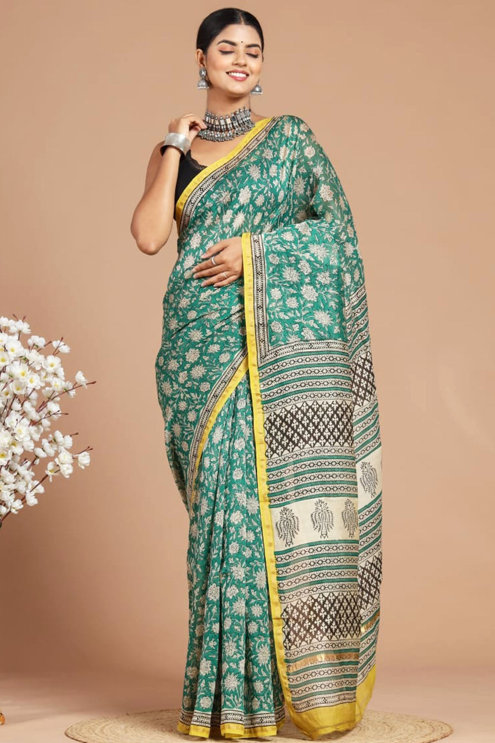Chanderi Silk Bagru Print Saree with Zari Border ( CS140728)