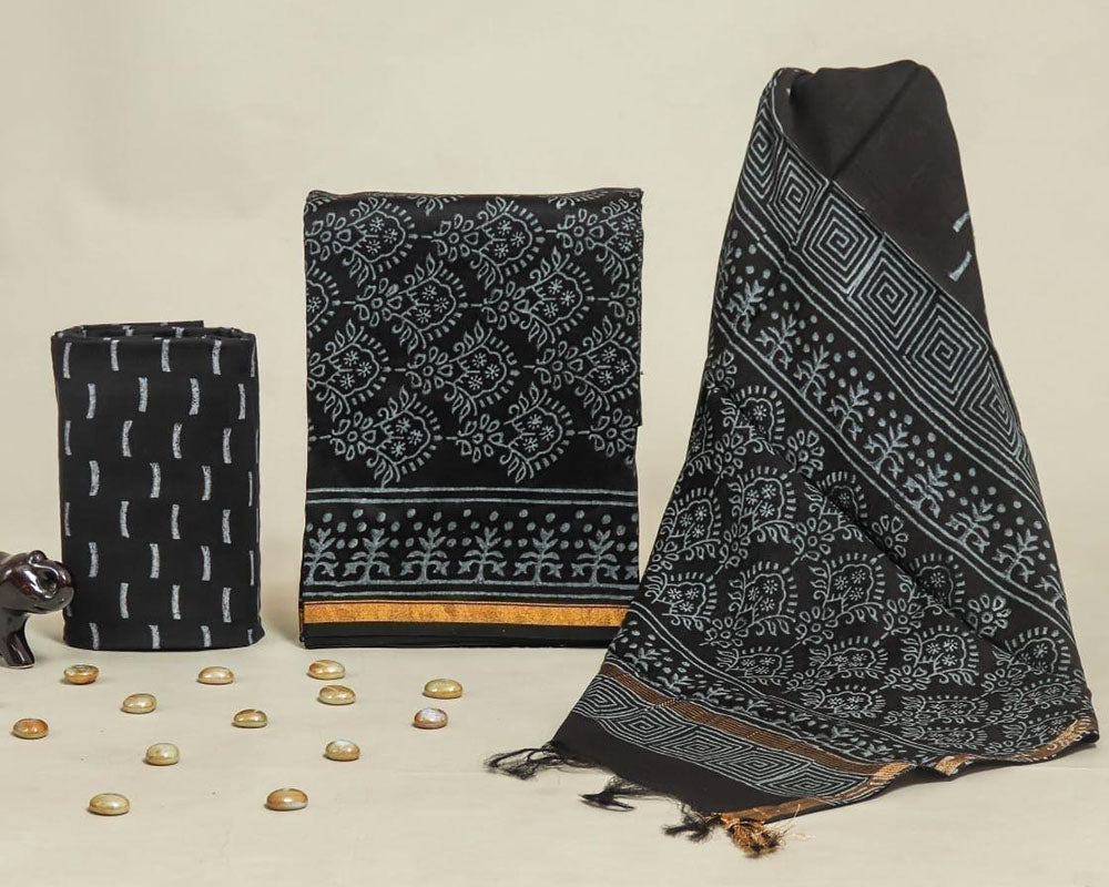 Exclusive Hand Block Print Chanderi Silk Suit Set ( CN0204)