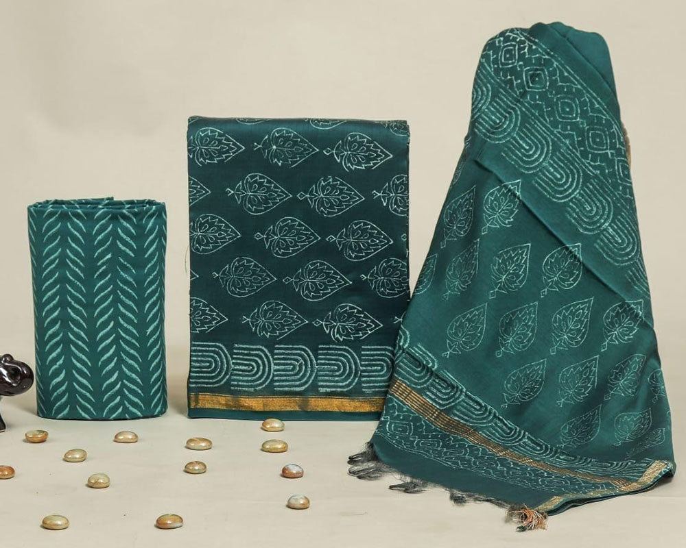 Exclusive Hand Block Print Chanderi Silk Suit Set ( CN0205)