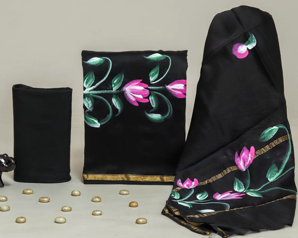 Exclusive Hand Block Print Chanderi Silk Suit Set ( CN2166)