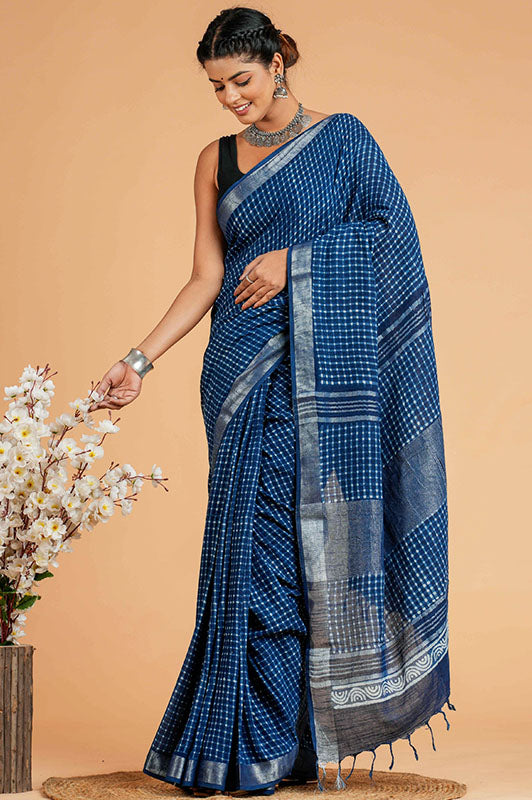 Hand Block Printed Cotton Linen Saree With Blouse ( LS101011)