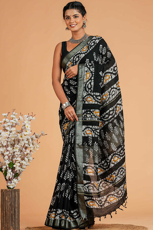 Hand Block Printed Cotton Linen Saree With Blouse ( LS101012)