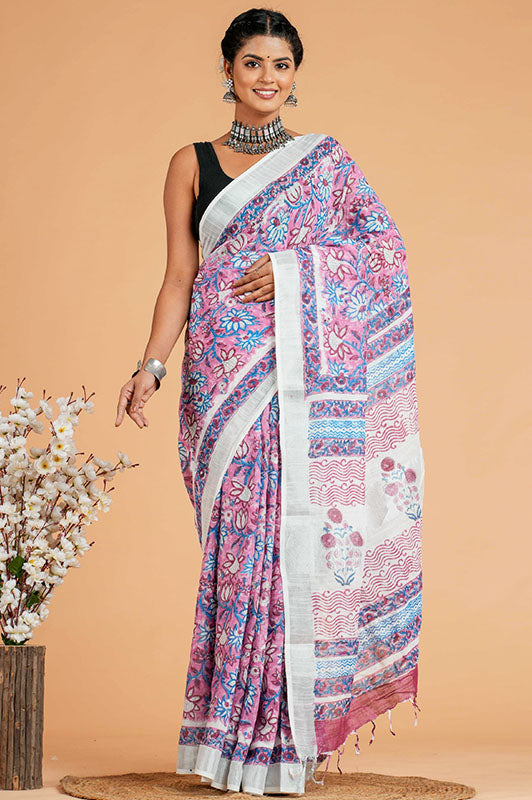 Hand Block Printed Cotton Linen Saree With Blouse ( LS101013)