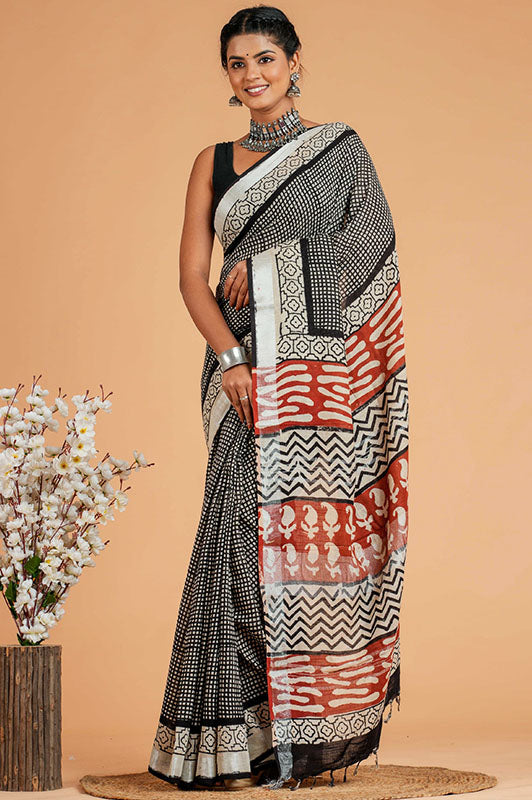 Hand Block Printed Cotton Linen Saree With Blouse ( LS101015)
