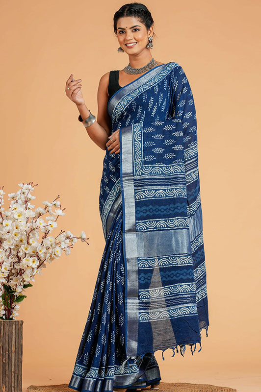 Hand Block Printed Cotton Linen Saree With Blouse ( LS101016)