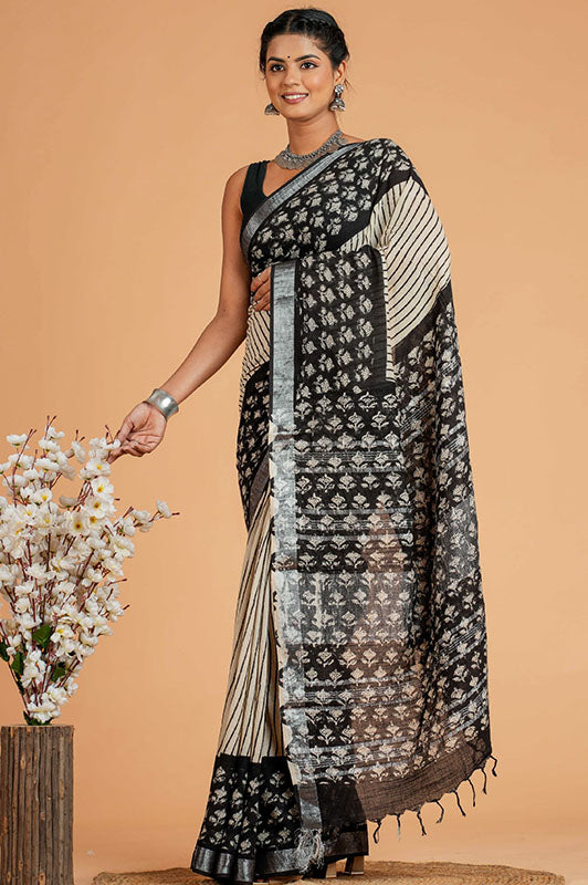 Hand Block Printed Cotton Linen Saree With Blouse ( LS101017)