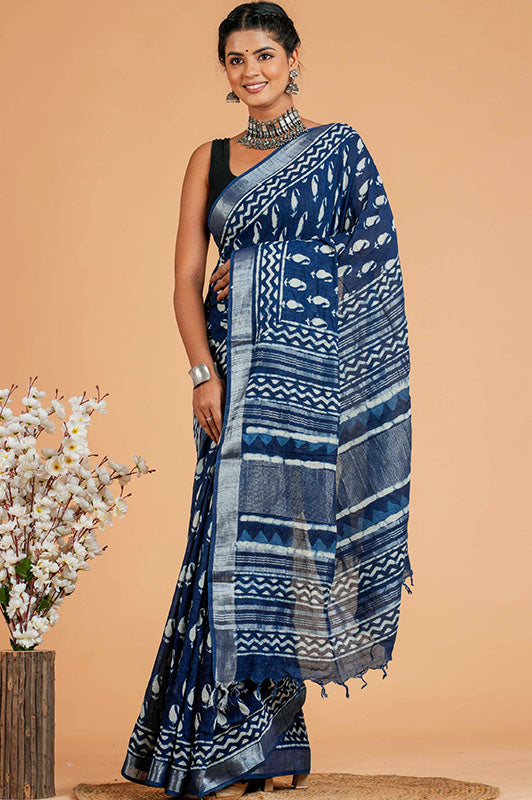 Hand Block Printed Cotton Linen Saree With Blouse ( LS101018)