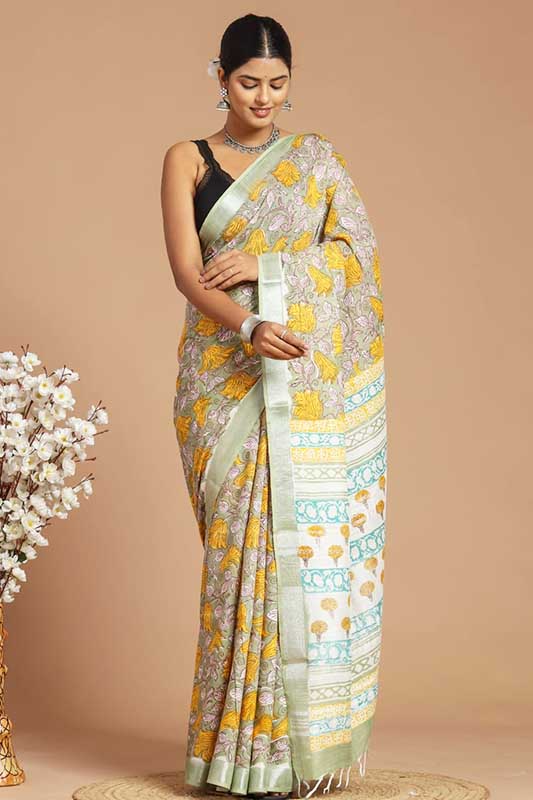 BlockPrinted Pure Handwoven Linen Saree ( LS190631)