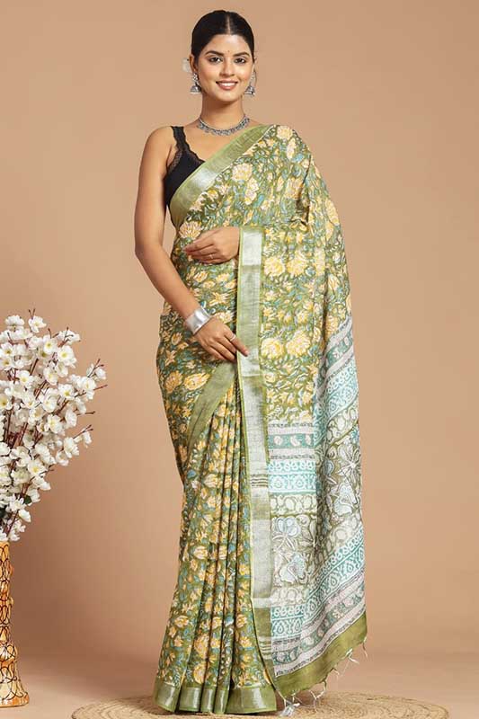 BlockPrinted Pure Handwoven Linen Saree ( LS190633)