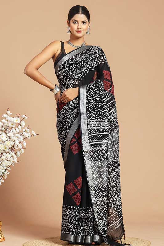 BlockPrinted Pure Handwoven Linen Saree ( LS190637)