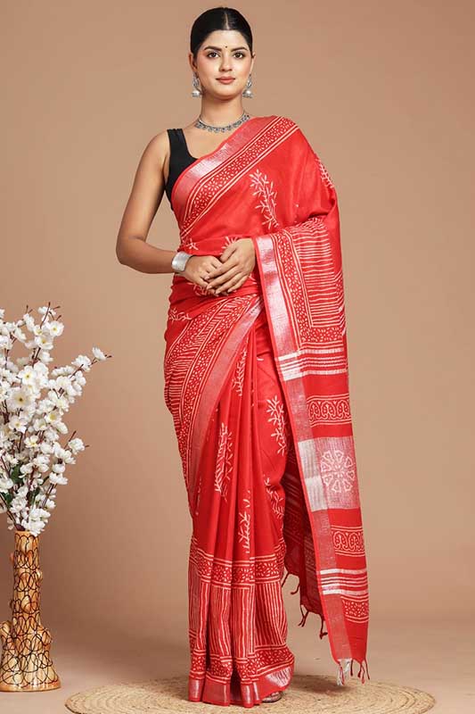 BlockPrinted Pure Handwoven Linen Saree ( LS190639)