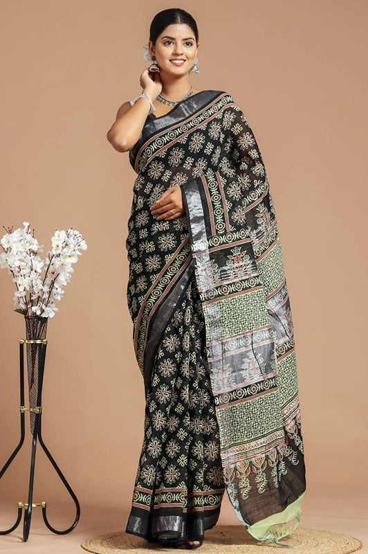Hand Block Printed Cotton Linen Saree With Blouse ( LS190516)