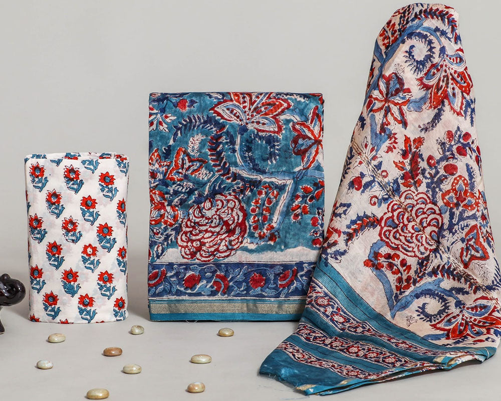 Exclusive Hand Block Print Chanderi Silk Suit Set ( CN190701)