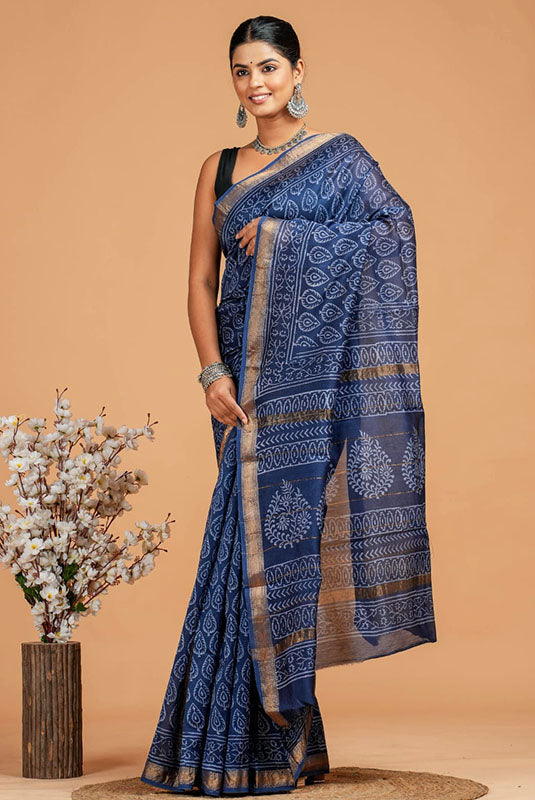 Maheshwari Silk Bagru Print Saree ( MS241002)