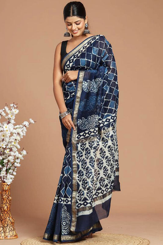 Indigo Maheshwari Silk Bagru Print Saree ( MS060503)