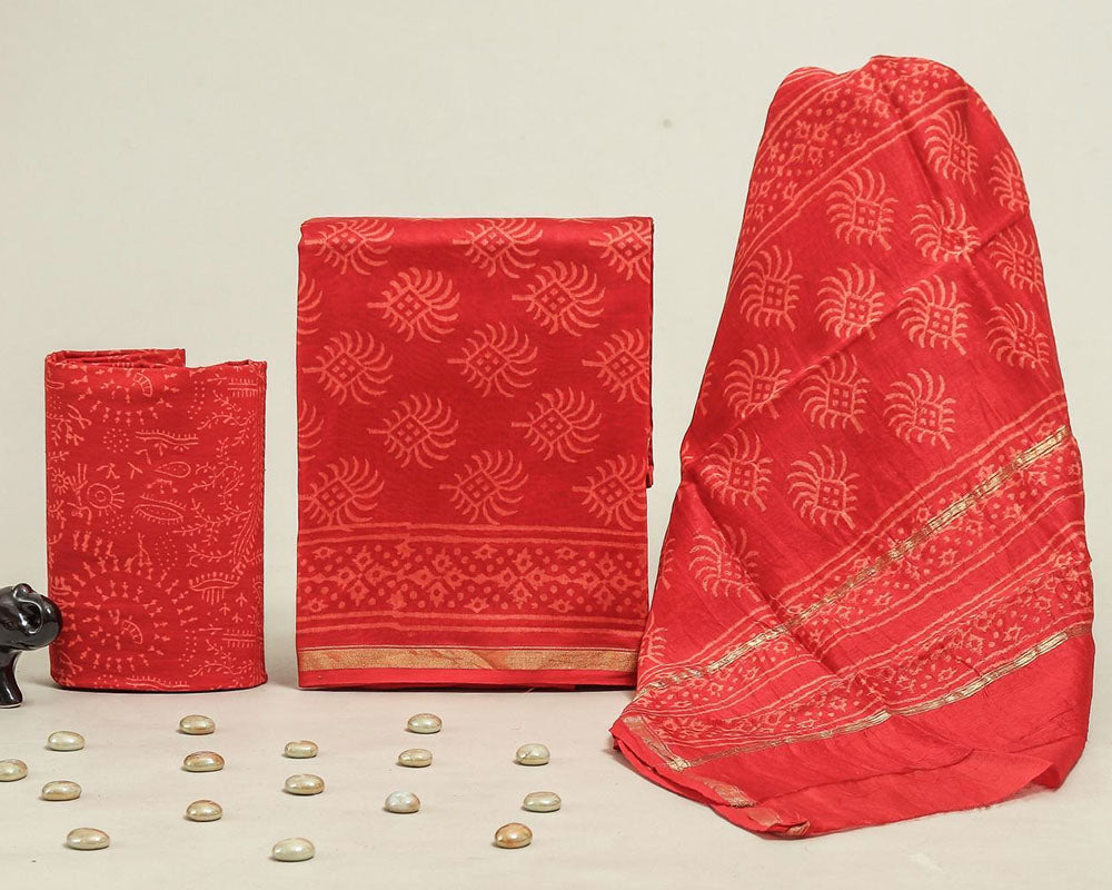 Exclusive Hand Block Print Chanderi Silk Suit Set ( CN15702)