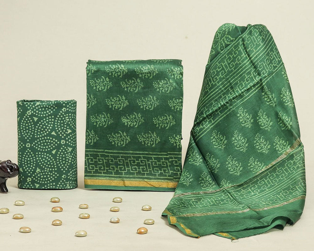 Exclusive Hand Block Print Chanderi Silk Suit Set ( CN15707)