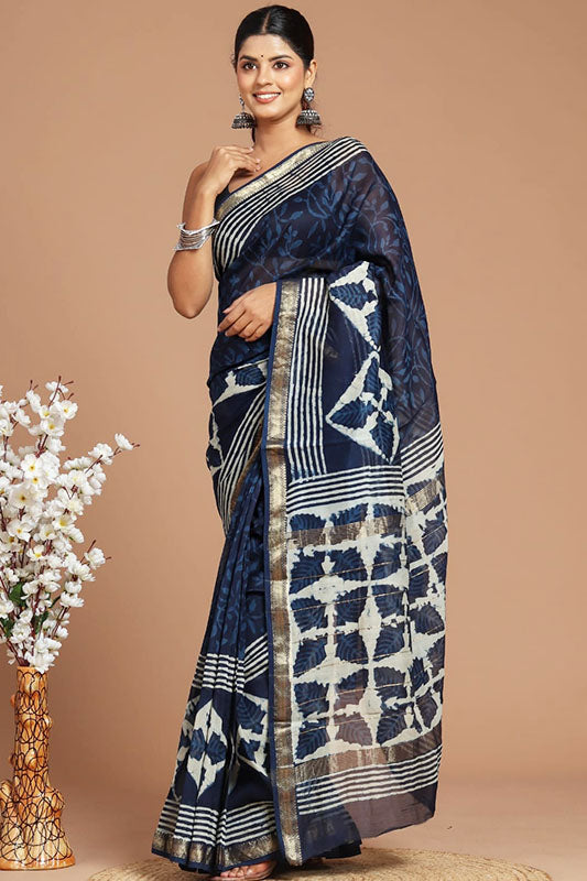 Indigo Maheshwari Silk Bagru Print Saree ( MS080612)