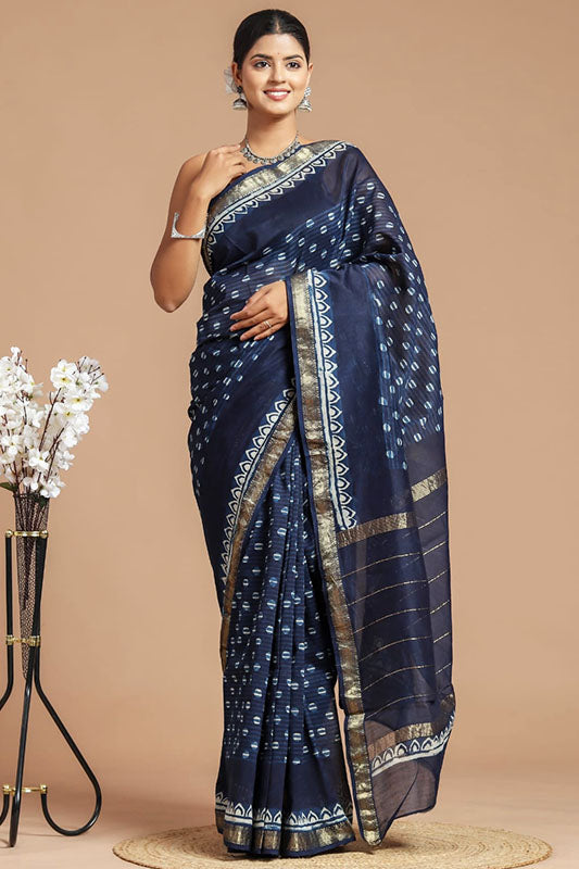 Indigo Maheshwari Silk Bagru Print Saree ( MS080613)