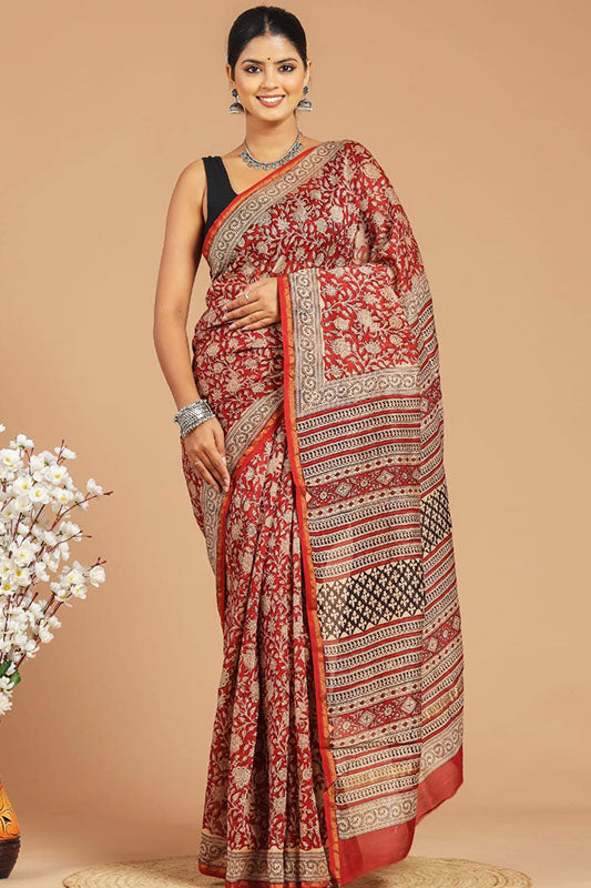 Chanderi Silk Bagru Print Saree with Zari Border ( CS240801)