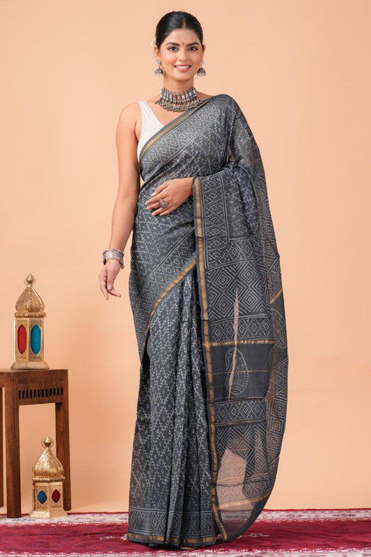 Chanderi Silk Bagru Print Saree with Zari Border ( CS2302 )