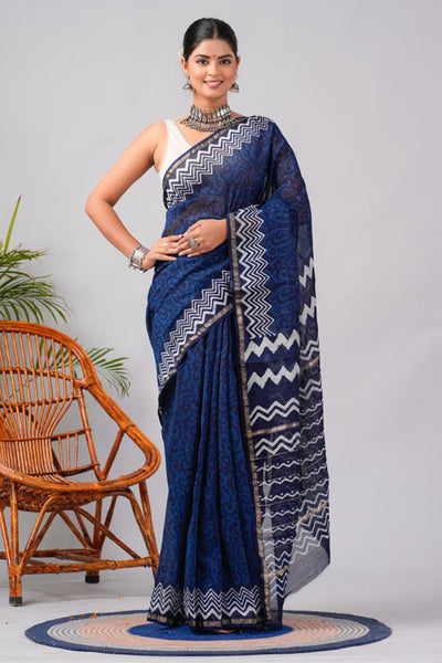 Chanderi Silk Bagru Print Saree with Zari Border ( CS2303 )