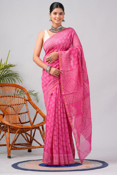 Chanderi Silk Bagru Print Saree with Zari Border ( CS2304 )