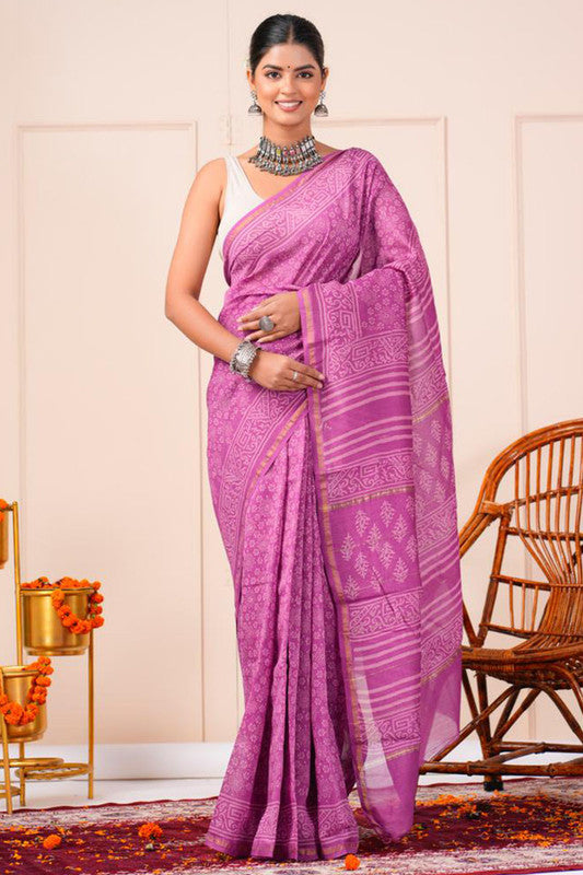 Chanderi Silk Bagru Print Saree with Zari Border ( CS2306 )