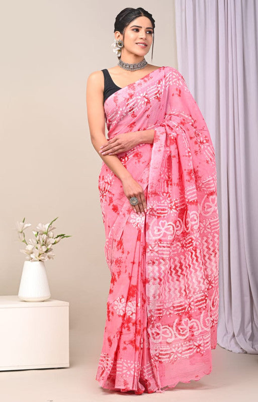 Hand Block Printed Cotton Linen Saree With Blouse ( LS1587 )