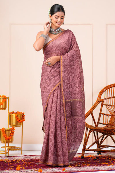 Chanderi Silk Bagru Print Saree with Zari Border ( CS2307 )