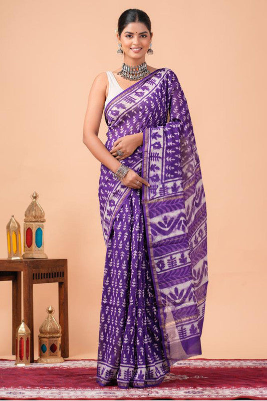 Chanderi Silk Bagru Print Saree with Zari Border ( CS2309 )